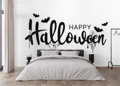 Happy Halloween lettering. Handwritten calligraphy with spider web and bats for greeting cards, posters, banners, flyers and invitations. Happy Halloween text, holiday background Wall mural