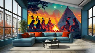 native american Indigenous people sitting near the bonfire on circle near the wigwam at night on full moon Wall mural