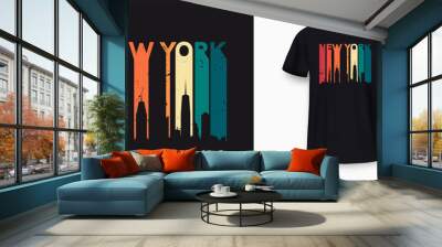 New York City skyline t-shirt design. Vintage t-shirt print and apparel design with stylish text. New York skyline silhouette for retro tee print design. Vector Wall mural