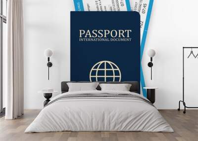 Passport with boarding pass. Two airplane tickets inside passport. Air travel concept. Tourism concept Wall mural