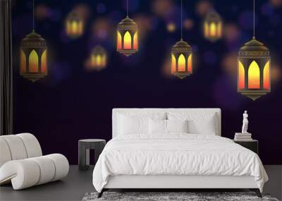 Ramadan Kareem background. Hanging lanterns and glowing lamps. Muslim feast of the holy month. Beautiful golden lanterns on dark blue background. Greeting card template for Ramadan and Muslim Holidays Wall mural