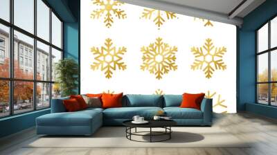 Set of golden snowflakes for Christmas decoration. Shiny gold snowflakes, various abstract and geometric patterns. Beautiful snowflakes isolated on white background Wall mural