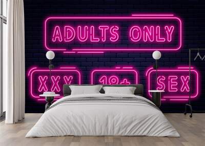 Set of neon signs, adults only, 18 plus, sex and xxx. Restricted content, erotic video concept banner, billboard Wall mural