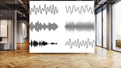 Set of sound waves. Analog and digital line waveforms. Musical sound waves, equalizer and recording concept. Electronic sound signal, voice recording Wall mural