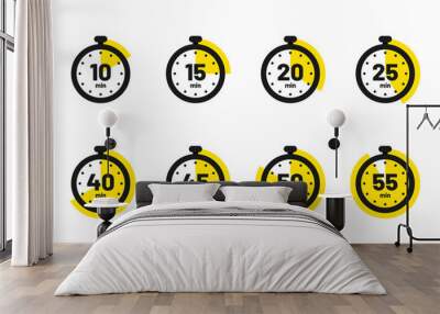 Set of timer and stopwatch icons. Kitchen timer icon with different minutes. Cooking time symbols and labels Wall mural