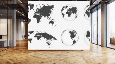 Set of transparent globes of Earth. World map template with continents. Realistic world map in globe shape with transparent texture and shadow. Abstract 3d globe icon Wall mural