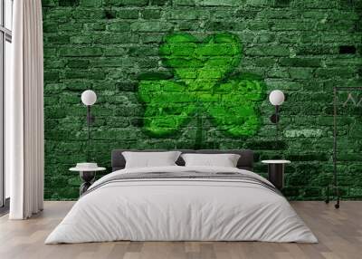 St.Patrick 's Day. Green brick wall with clover sign. Wall mural