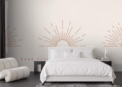 Sun and sunburst symbol in Bohemian style. Astrology, mystery and esoteric symbols in Boho style. Sun and sunset linear icons in Boho style. Vector Wall mural