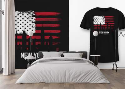 T-shirt graphic design with american flag and grunge texture. New York City typography t shirt and apparel design. Vintage and authentic print on t-shirt mockup Wall mural