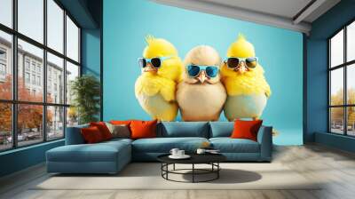 three yellow chicks with blue sunglasses bang, studio blue background. easter concept, generative ai Wall mural