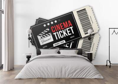 Two cinema tickets on white background. Movie tickets template in black and red colors Wall mural