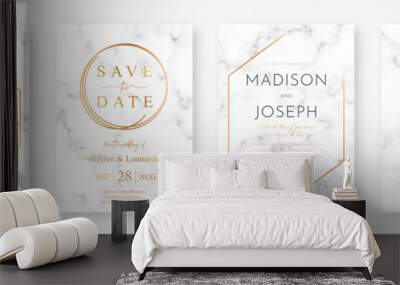 Wedding card design with golden frames and marble texture. Set of wedding announcement or invitation design template with geometric patterns and luxury background Wall mural