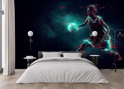 Abstract silhouette of a NBA basketball player woman in action isolated black background. Wall mural