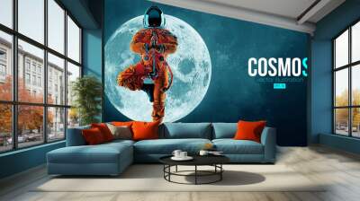 Astronaut doing yoga on the background of the moon and space. Yoga exercises. Vector illustration Wall mural