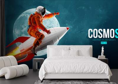 Astronaut on a rocket on the background of the moon and space. Vector illustration Wall mural