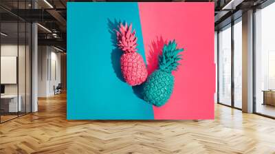 Color pineapple on pink and blue background. Surreal minimalistic art Wall mural