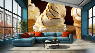 Creamy ice cream with chocolate cream in a cone. Wall mural