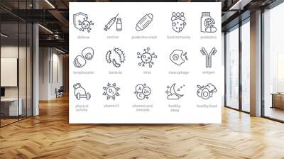 Human immune system line icon set. Virus protection, hygiene shield, bacterial prevention, white blood cell, macrophage, vaccine, healthy food, protective mask vector illustration. Editable Strokes Wall mural