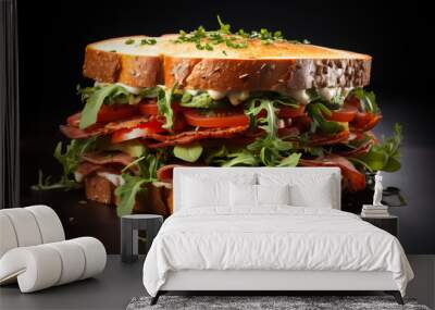 Image of a huge tasty, appetizing sandwich on a black background Wall mural