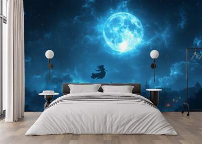 A witch flying across the night sky on her broomstick, with a glowing full moon behind her and a small town Wall mural