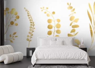 Botanical line art silhouette golden leaves, Golden Linear floral Leaves Set. Vector Gold luxury line collection. Hand drawn vector illustration in linear style, graphic clipart for wedding invitation Wall mural