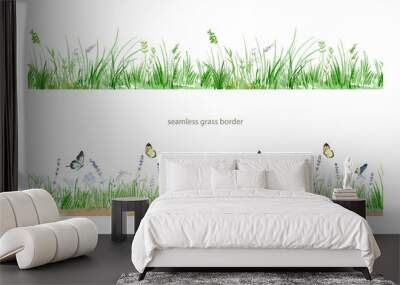 Watercolor background of green grass, spring meadow, wild flowers, seamless border of green grass, leaves, wildflowers. Landscape spring green. PNG files Wall mural