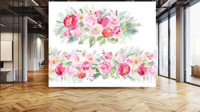 Watercolor bouquets of roses, leaves, branches. Pink roses art. Floral bouquets, frames and wreaths. Geometric metal frames with flowers. Set of roses for cards, scrapbooking, invitations,  Wall mural