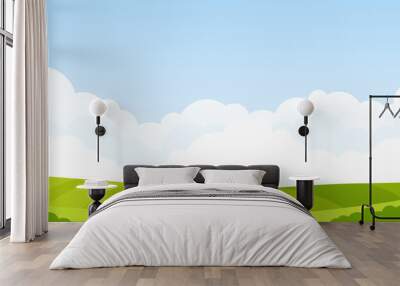 Rural landscape of green field, blue sky and white clouds Wall mural