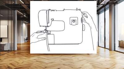 sketch illustration - women's hands sew on a sewing machine Wall mural