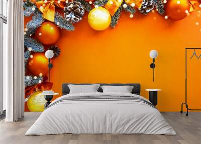 christmas composition. background orange colors with decorations. christmas, winter, new year concep Wall mural