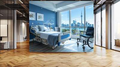 Healing with a View: Modern Hospital Room Overlooking the Cityscape. Generative ai Wall mural