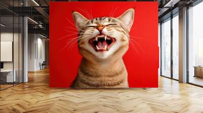 Smiling Cat Showing Its Teeth on a Red Background. Generative ai Wall mural