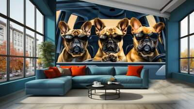 Three French Bulldogs Wearing Sunglasses in a Car. Generative ai. Wall mural