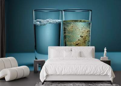 Two glasses, one with clean water and the other with contaminated water. Generative ai Wall mural