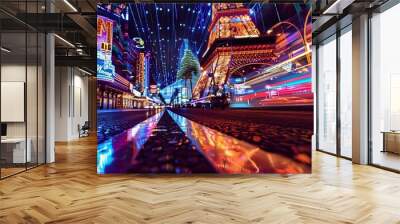 Vibrant Nightlife and Light Trails on the Las Vegas Strip. Generative ai Wall mural