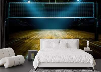 Volleyball court illuminated by dramatic lighting in a dark indoor setting. Generative ai. Wall mural