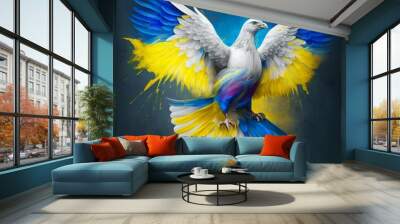 white dove with blue and yellow colours. ukraine freedom flag. generative ai Wall mural