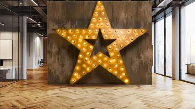 Large wooden star with a large number of lights are lit. Beautiful decor, design. Loft style Studio. Dark concrete background. Christmas, holiday, honorary star. Five stars 5 stars Wall mural