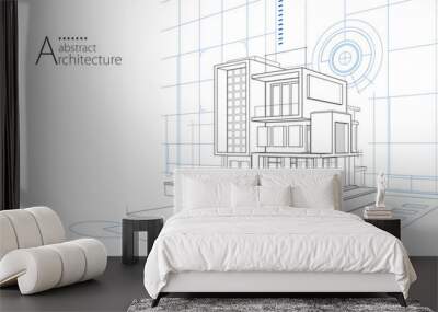 3D illustration abstract urban building out-line drawing of imagination architecture building construction design. Wall mural