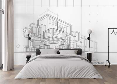 3D illustration abstract urban building out-line drawing of imagination architecture building construction design. Wall mural