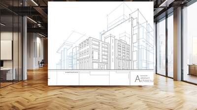 3D illustration abstract urban building out-line drawing of imagination architecture building construction design. Wall mural