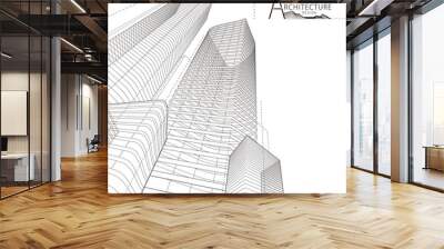 3D illustration architecture building construction perspective design, abstract modern urban building line drawing. Wall mural