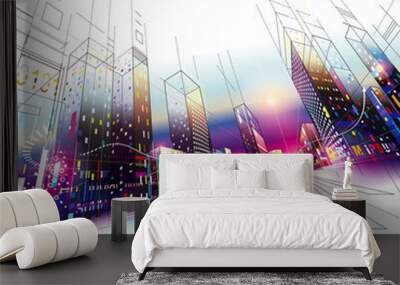 3D illustration architecture urban city modern building perspective abstract background. Wall mural