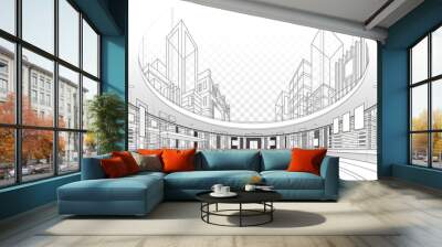 3D illustration linear drawing. Imagination architecture urban building design, architecture modern abstract background.  Wall mural