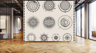 Collection of outline globes, spheres and compass symbol design. Wall mural