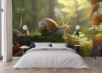 A detailed description of a snail carrying its shell while crawling on a mossy tree branch in a forest illustrations, ai art Wall mural