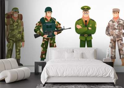 Army captain with soldiers in various camouflage uniforms character set Wall mural