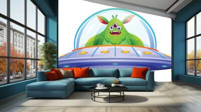 Cute monster alien riding ufo. Vector cartoon illustration isolated on white background Wall mural