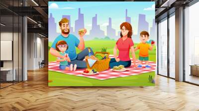 Happy family having a picnic in the park. Dad, mom, son, and daughter are resting together in nature vector illustration Wall mural