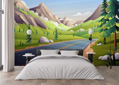 Mountain road landscape illustration. Highway in valley through meadow and trees vector background Wall mural